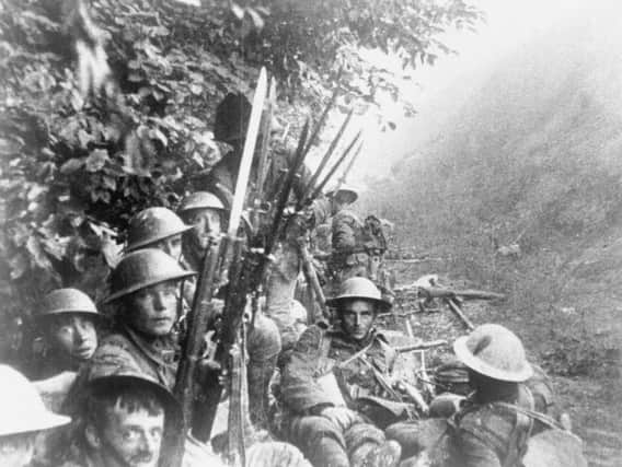 1st Lancashire Fusiliers waiting in sunken road in middle of no man's land for July 1, 1916 attack at the Somme