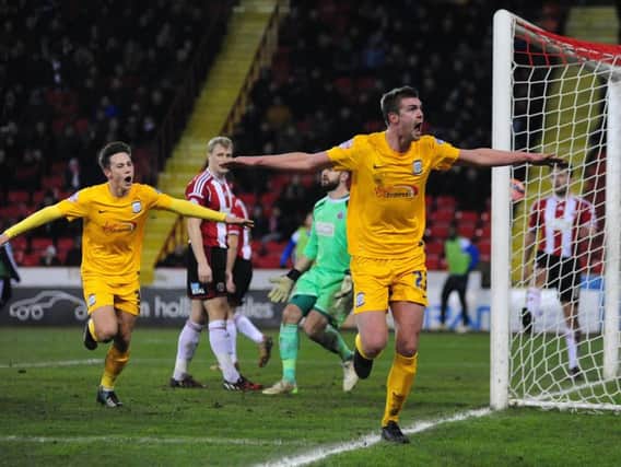 Paul Huntington celebrates scoring against Sheffield United the last time PNE played them in the FA Cup