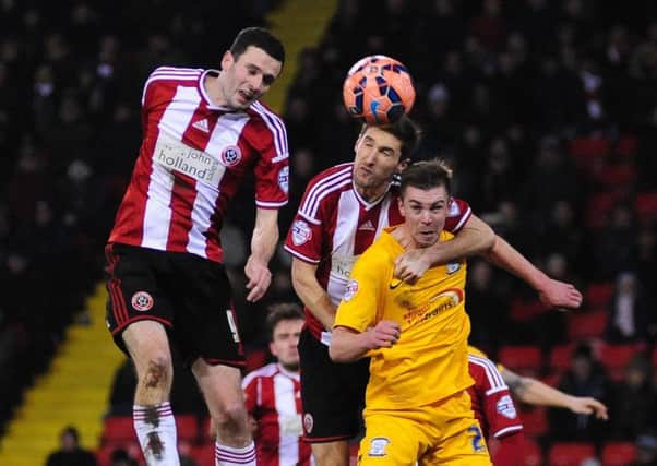 Paul Huntington scores his PNE's second goal at Bramall Lane in February 2015