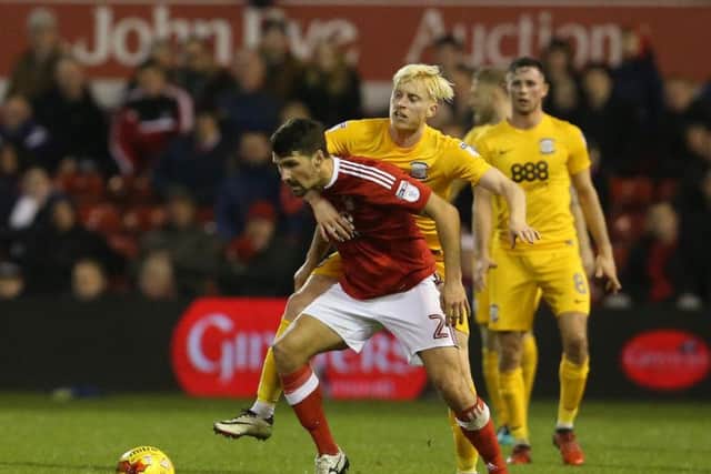 Ben Pirngle challenges for the ball against Nottingham Forest in December 2016 - his last competitive appearance for PNE
