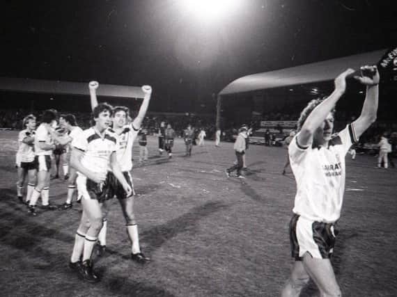 PNE players celebrate after beating Middlesbrough in January 1987