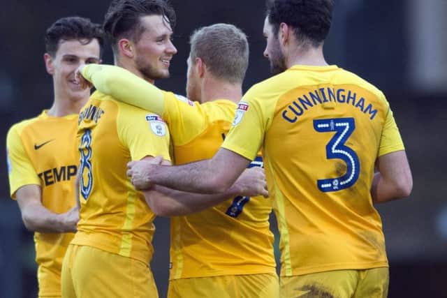 Alan Browne is congratulated after scoring against Wycombe