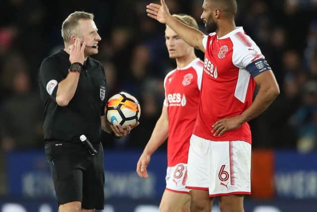 Fleetwood skipper Nathan Pond protests to referee Jon Moss.