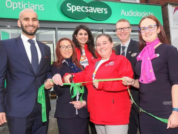 Launch of new Spacsavers store in Leyland: Specsavers Mohammed Bilal, Bethany Anderson, Galloways Roya Armstrong and Charlotte Carnell, Specsavers director Paul Slater and manager Beth Roberts