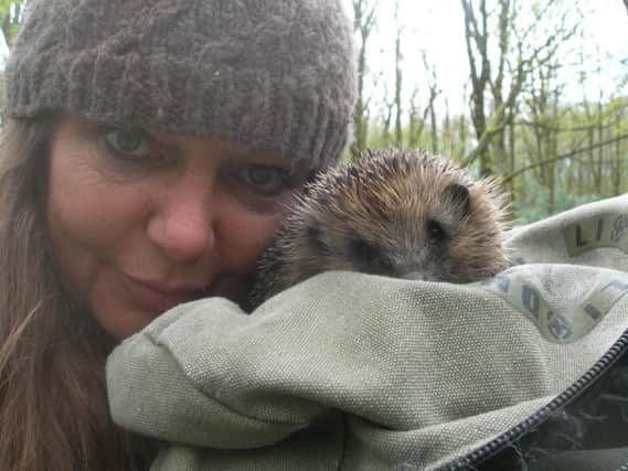 Janette Woods from Chorley Hedgehog Rescue Centre with an injured hedgehog