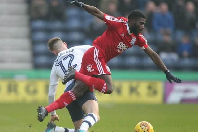 Paul Gallagher makes a challenge against Birmingham