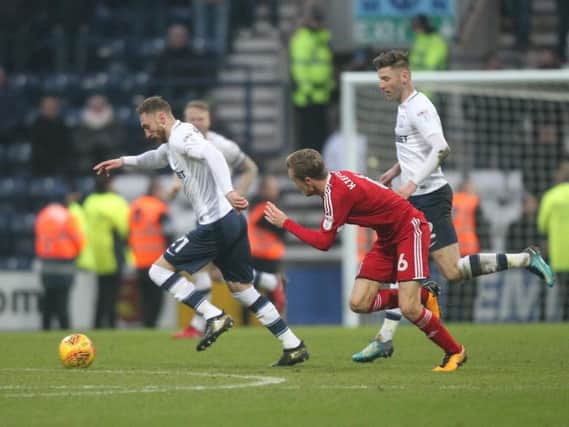 Louis Moult on the ball on his Preston debut on Saturday.