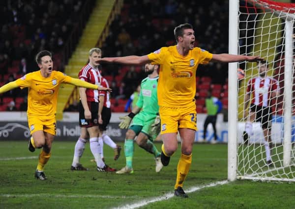 Paul Huntington celebrates scoring PNE's second goal against Sheffield United