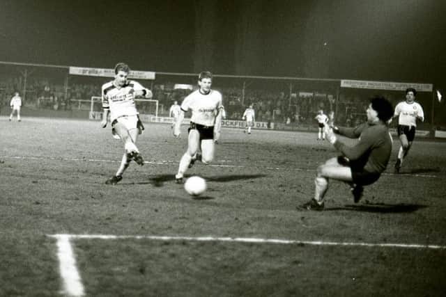 PNE's David Miller has a shot in the victory over Hereford in 1987