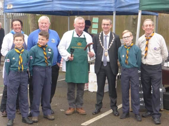 Group Scout Leader John Topping, Mayor of Penwortham Town Council Coun Jim Patten, stall holders and scouts.