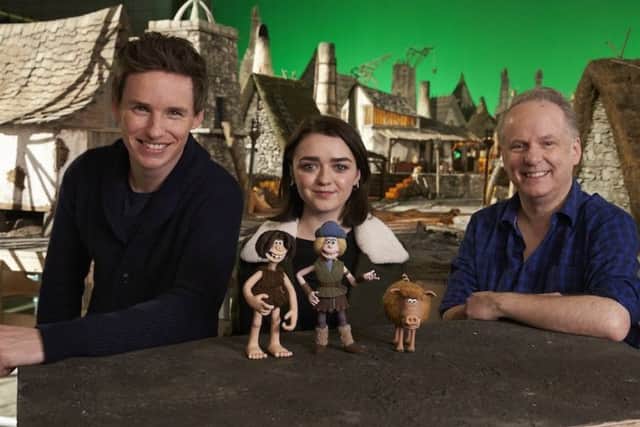 Eddie Redmayne and Maisie Williams with Nick Park during filming of Early Man