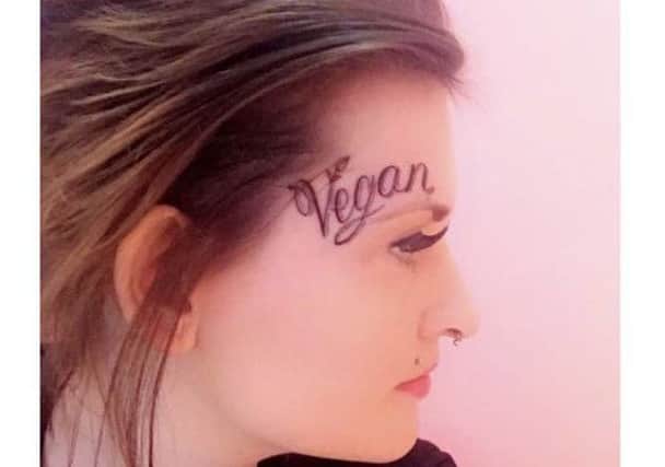 Kate Bullen sporting her 'Vegan' tattoo