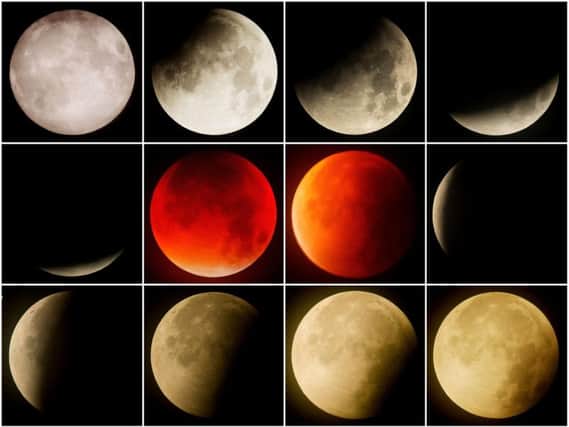 A composite image of a blood red "supermoon", created from a lunar eclipse with the moon near to its closest point to the Earth