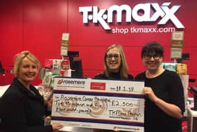 Claire Miller (centre) with TK Maxx frontline controller Ilona Lipczyska, (right),  handing over the cheque to Rosemere Cancer Foundations trust and corporate fundraising manager Cathy Skidmore (left).