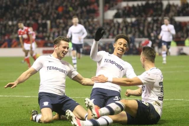 Billy Bodin (right) celebrates opening the scoring with Alan Browne and Callum Robinson
