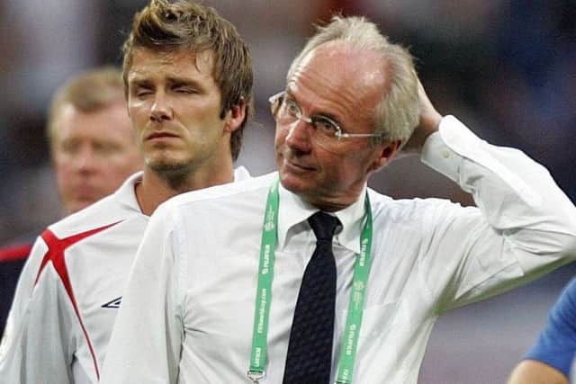 England coach Sven-Goran Eriksson and David Beckham look dejected after losing against Portugal in the quarter-finals of the 2006 World Cup in Germany
