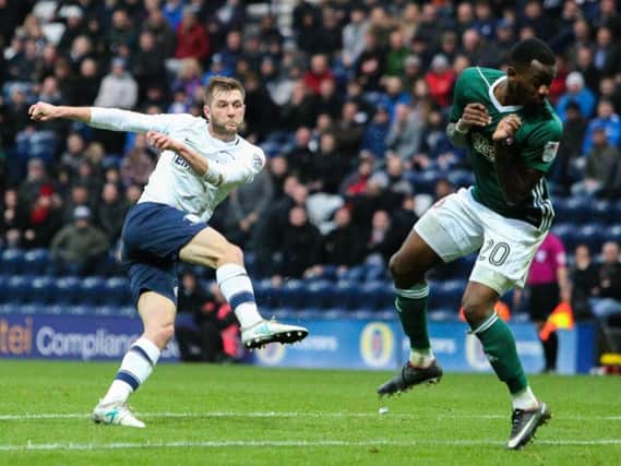 Tom Barkhuizen scores in PNE's 3-2 defeat to Brentford at Deepdale in October