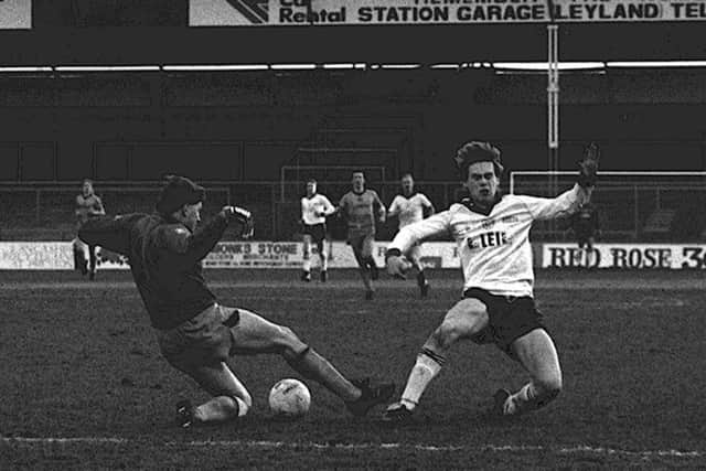 Action from PNE's 1-1 draw with Newport on New Year's Day 1985