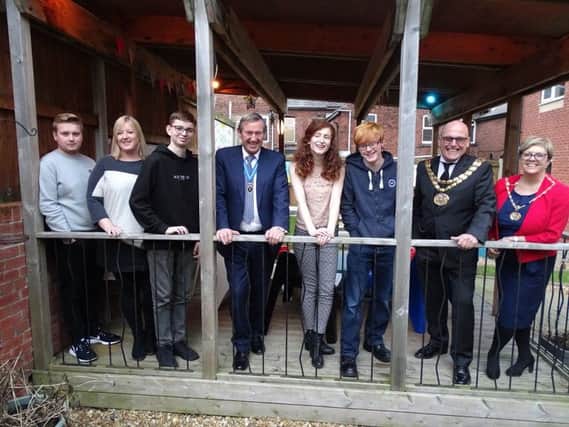 Oliver, Jenny Ashcroft, Will, High Sheriff of Lancashire Robert Webb, Hannah, Liam, Mayor and Mayoress of South Ribble Mick and Carol Titherington at Bay 6 in Leyland