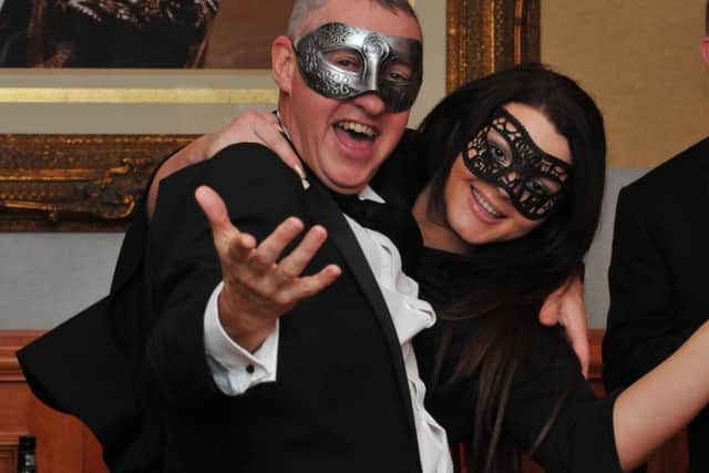 Mark Rushe and Lauren Flintoff from sponsors, Stonehouse Homes Independent Estate & Letting Agent at the masquerade ball for Gregson Green