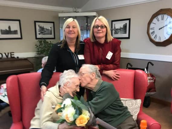 Maurice and Dawn Totham are celebrating 60 years of marriage. They are pictured with Laura Orrell and Shelley Wilkinson at Fosterfield Day Centre, Chorley