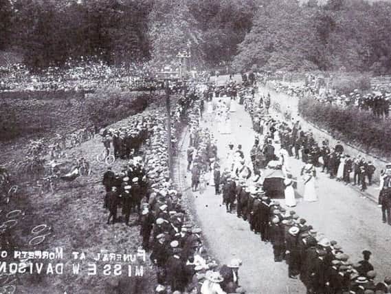 Emily Davison's funeral procession. She died after being hit by King George V's horse Anmer at the 1913 Epsom Derby when she tried to pin a suffragette sash onto the race horse.