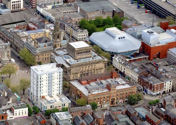 Aerials 2013.
Preston City Centre showing Crystal House, Miller Arcade, and Guild Hall