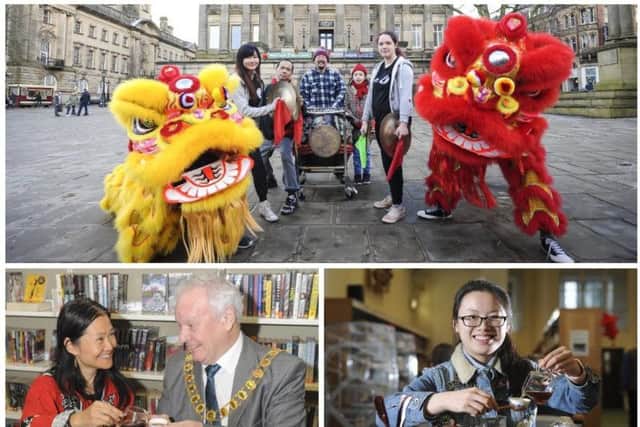 Members of the UCLAN Kung Fu Club perform a lion dance in the Flag Market (top), Director of UCLAN Confucius Institute, Feixia Yu has tea with mayor Brian Rollo (bottom left), and Alice Lin demonstrates tea making (bottom right).