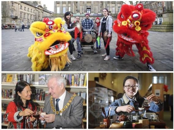 Members of the UCLAN Kung Fu Club perform a lion dance in the Flag Market (top), Director of UCLAN Confucius Institute, Feixia Yu has tea with mayor Brian Rollo (bottom left), and Alice Lin demonstrates tea making (bottom right).