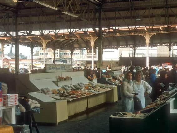 Preston fish market in c1970. Construction on the indoor market is under way in the background