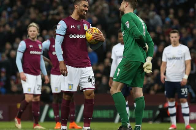 PNE keeper Declan Rudd has a word with Lewis Grabban before Aston Villa's penalty