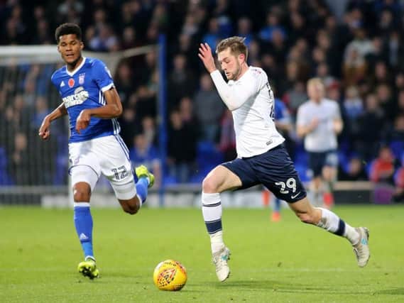 Tom Barkhuizen in action during PNE's defeat at Ipswich earlier in the season.