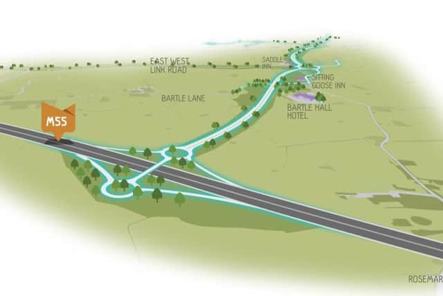 Part of plans for new Preston Western Distributor, Cottam Link and East West link roads, showing new motorway link to M55