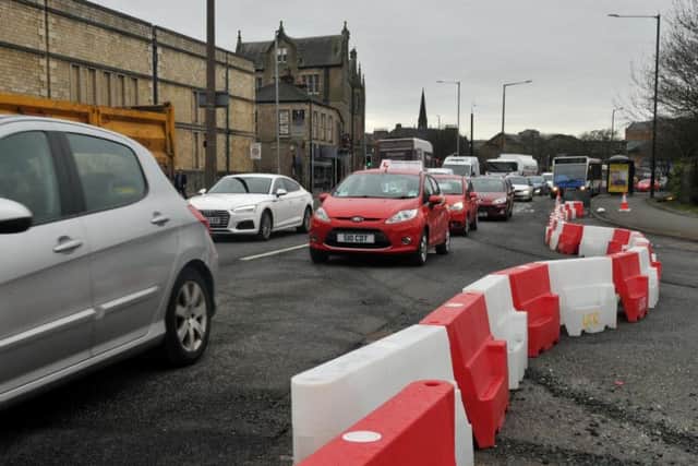 Tailbacks caused by the roadworks on Greyhound Bridge, in Lancaster