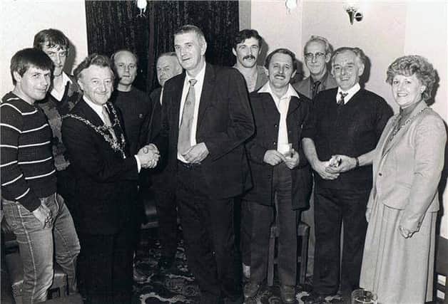Post Office's darts and dominoes night in 1984. Paul Cottam, Andrew Price, Mayor Geoff Simons, Ryan O'Shea, Frank Allen, Brian Sutton, Paul Topping, Robert (Bob) Blake, Stanley Purcell, Thomas Blake and The Mayor's wife Mrs Simons.