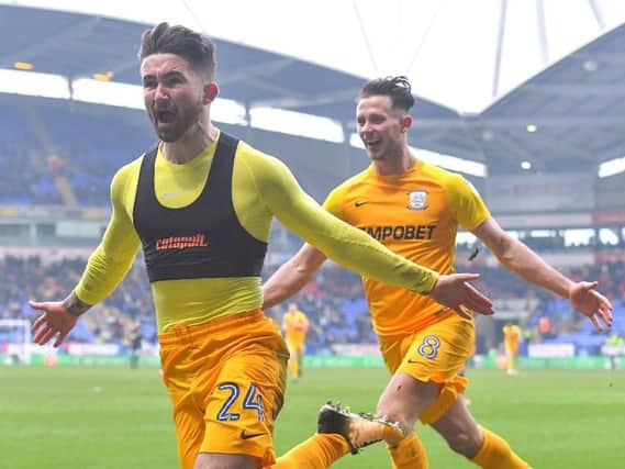 Sean Maguire celebrates putting PNE 2-1 in front at Bolton
