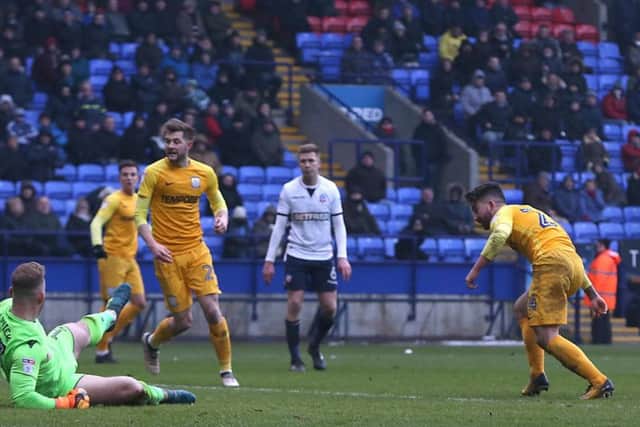 Sean Maguire scores PNE's third goal in the 3-1 win at Bolton