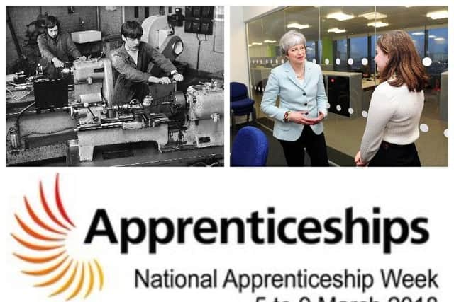 Right, Lancashire Post apprentice Natasha Meek meets Prime Minister Theresa May and, left, times have changed since apprenticeships were exclusively manual jobs