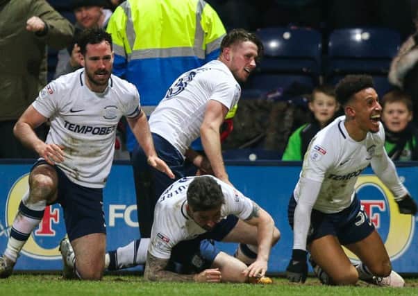 Sean Maguires is congratulated by Greg Cunningham, Alan Browne and Callum Robinson after scoring the winner against Bristol City