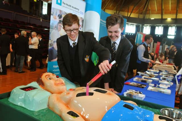 Photo Neil CrossDescription:Apprenticeships Expo, organised by Preston's College, at Preston Guild HallDan Cook and Will Cahdwick from Bishop Rawsthorne