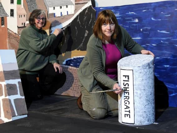 The Fishergate Bollard on the set of Ruddigore with artists l-r: Ann Cooper and Sheila Wright