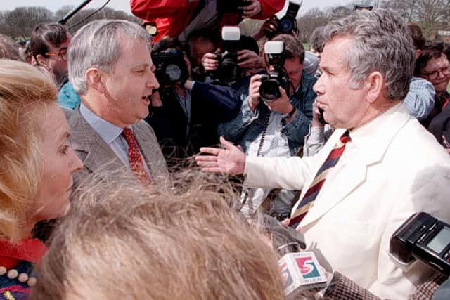 Martin Bell is confronted by then Tatton MP Neil Hamilton in the famous Battle of Knutsford Heath before declaring his intention to stand against him in 1997