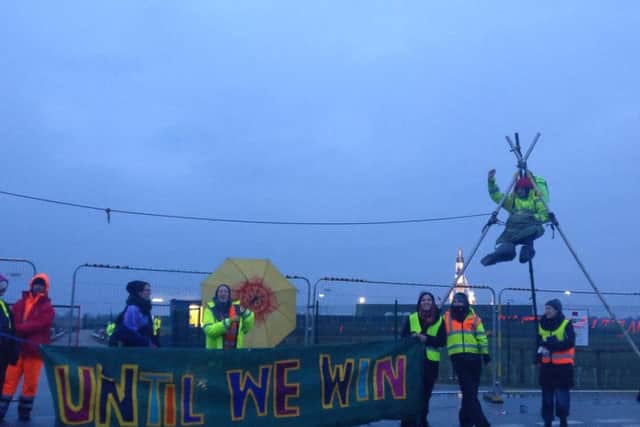 Fracking protesters have erected tripods with hammocks as part of a blockade at the entrance to the Cuadrilla site.