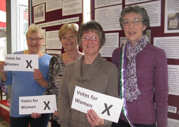 Longridge Heritage Centre volunteers have mounted their latest display, on view at The Old Station from now until the end of April.  The photo shows Joan Marsden, Joyce Westwell, Susan Elderfield and Sheila Roberts 'campaigning' for women's votes.