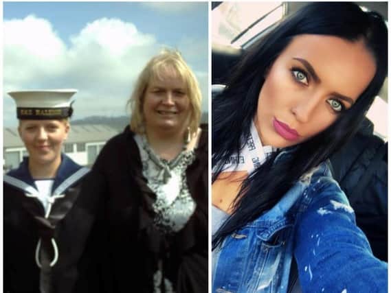 Kayleigh in her Navy days with mum Gail (and) right more recently