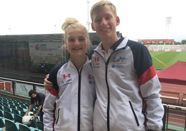 Bolton-le-Sands' Emma Whitaker with mixed relay partner George Budden at the Under 19 Pentathlon World Championships in Prague.