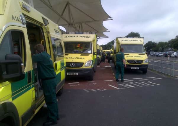 Ambulances queueing at Preston Hospital.