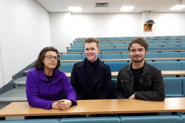 Edge Hill lecturer Paula Keaveney with students Craig Meichan and Owen Lambert