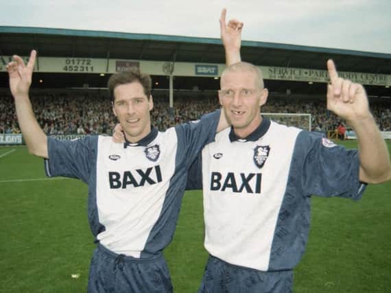 PNE strikers Steve Wilkinson and Andy Saville in the 1995/96 Baxi kit