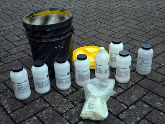 Chemicals found in the family home of Reeco Fernandez, a bin man who stockpiled 250 explosive devices and military supplies, who has been jailed for three years and four months. Photo credit: Avon and Somerset Police/PA Wire